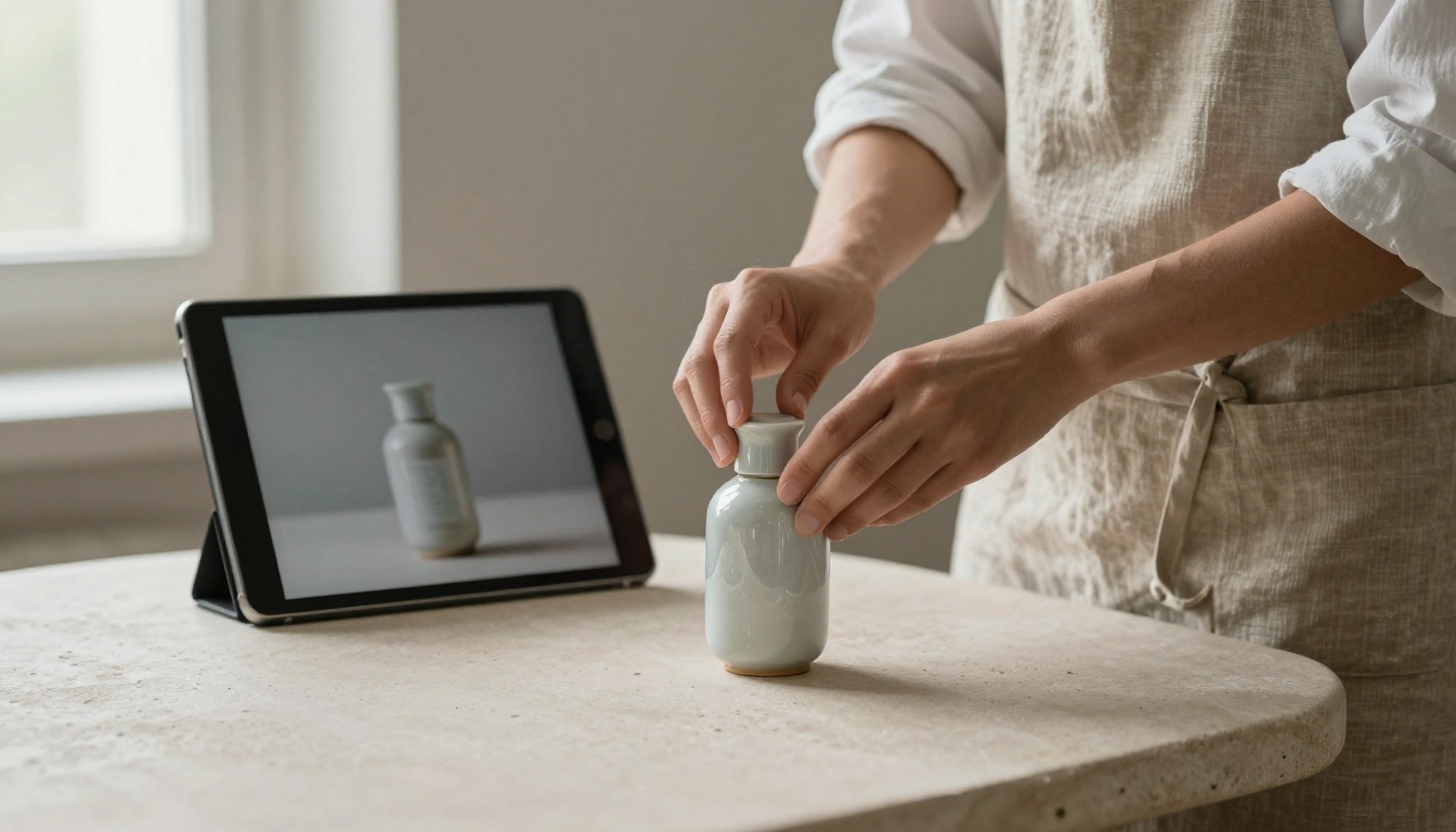 Creative director adjusting a skincare bottle in a photo studio