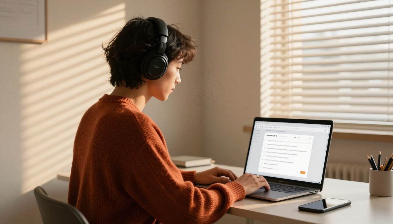 Marketer at a standing desk with an email inbox open on a laptop