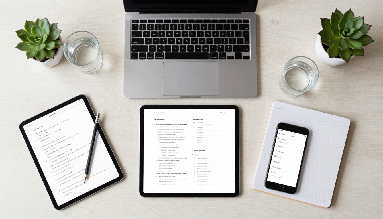 Laptop, tablet and phone on a coworking table showing different dashboards