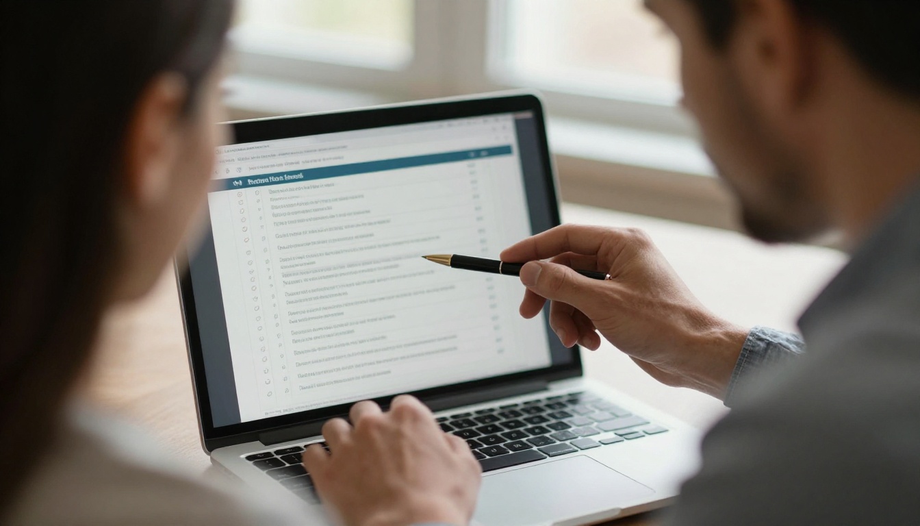 Two colleagues reviewing an approval checklist on a laptop