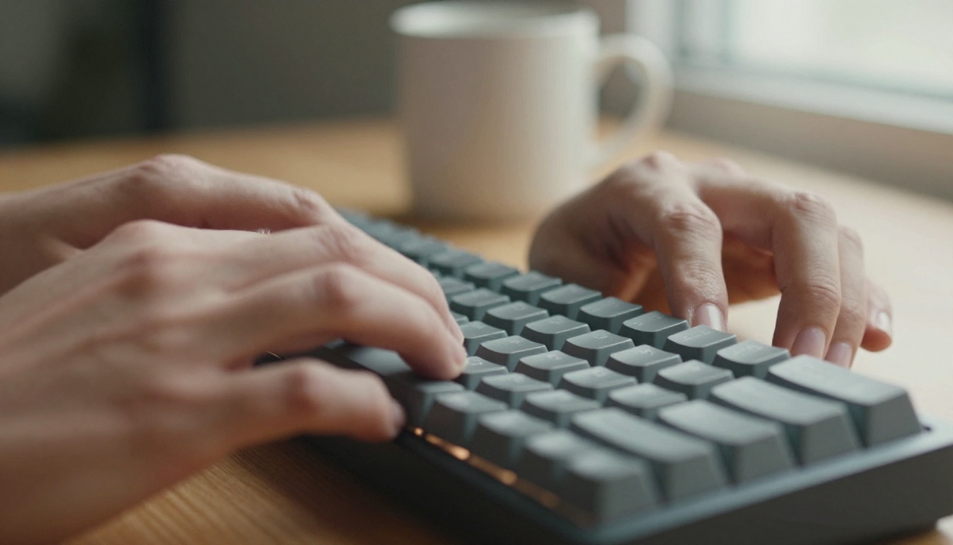 Close-up of a developer's hands typing at a desk in soft window light