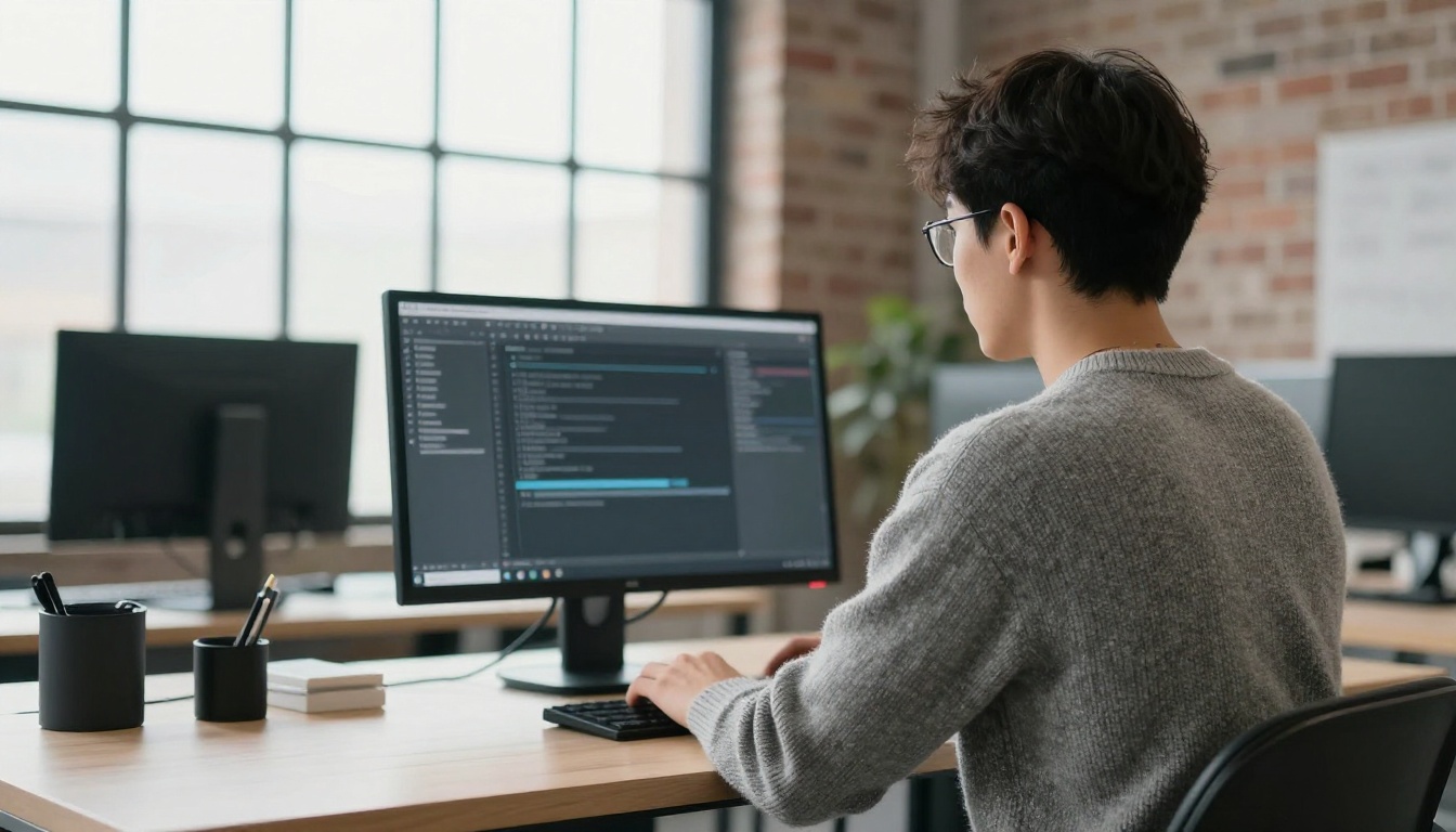 A developer working at a standing desk in a bright loft office