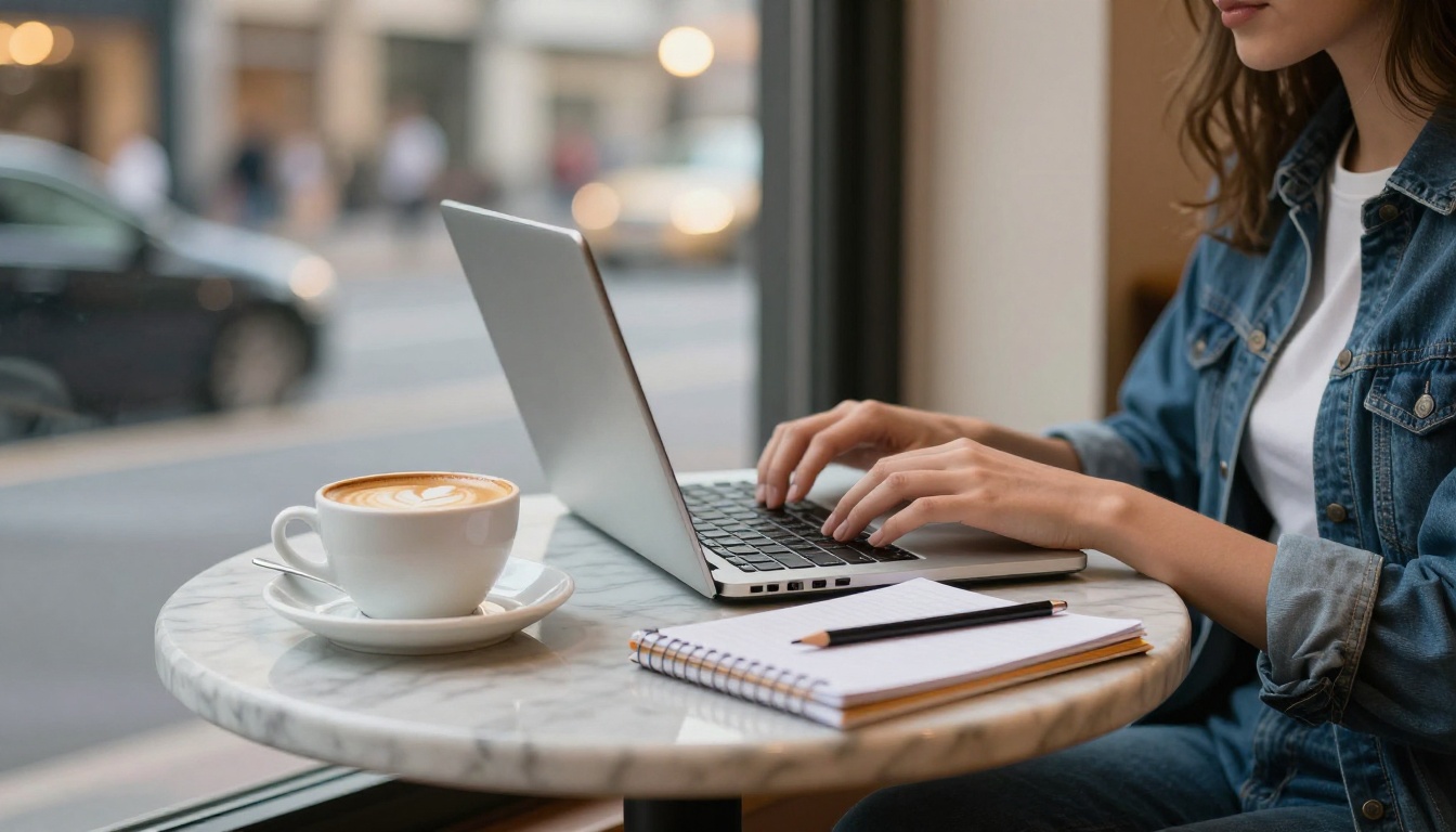A laptop on a marble cafe table photographed from a low angle