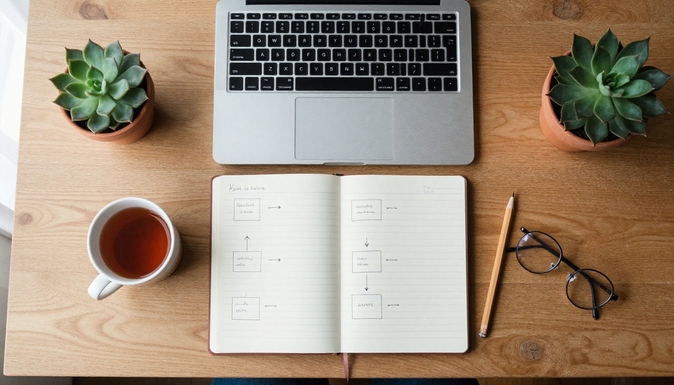 A top-down view of a wooden desk with a laptop and a notebook of hand-drawn diagrams