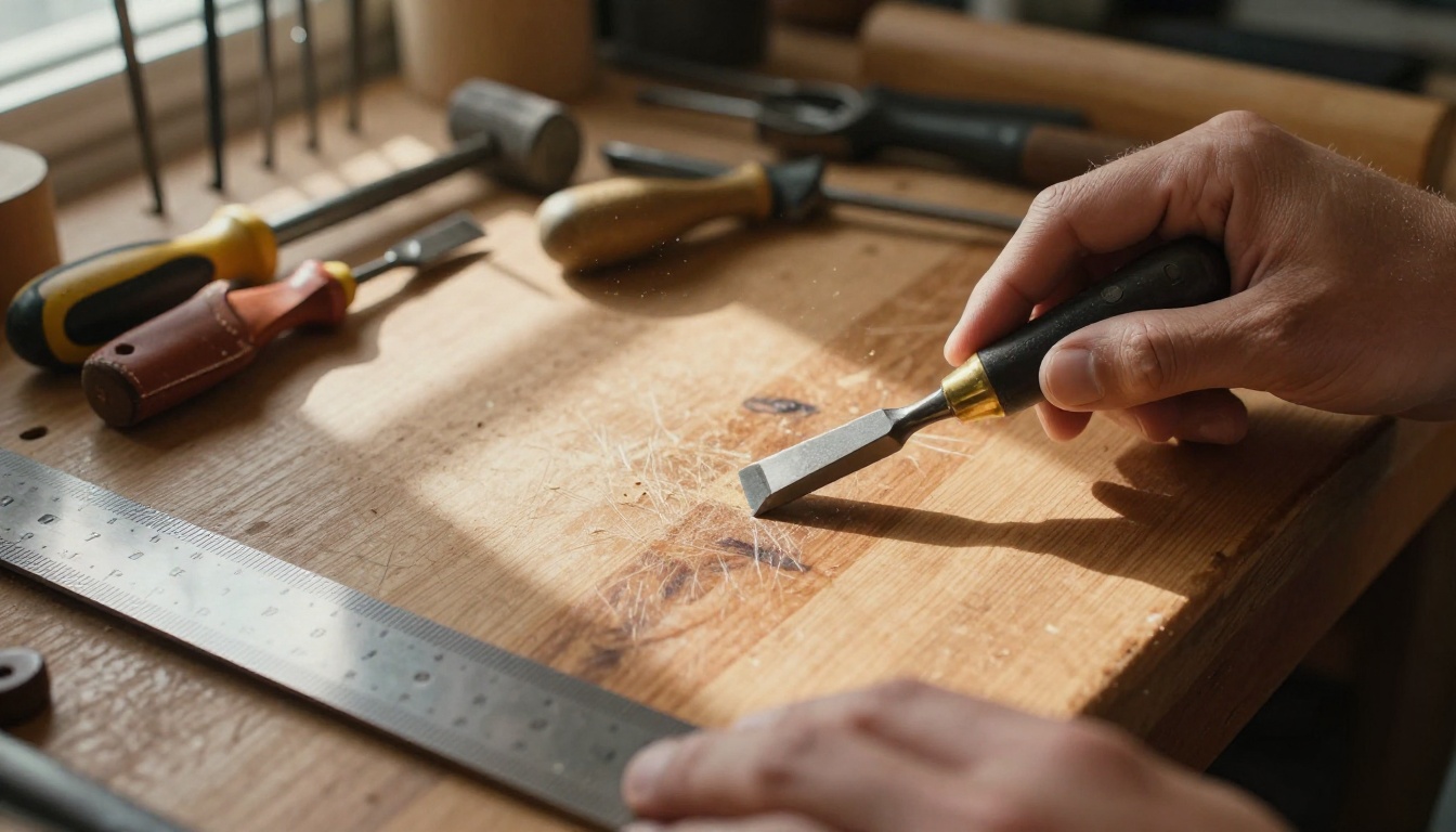 A craftsperson's workbench with neatly arranged hand tools