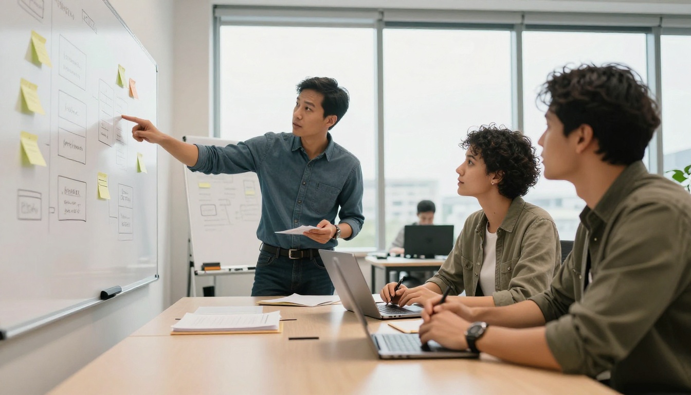 Three colleagues collaborating around a table with a whiteboard of sticky notes