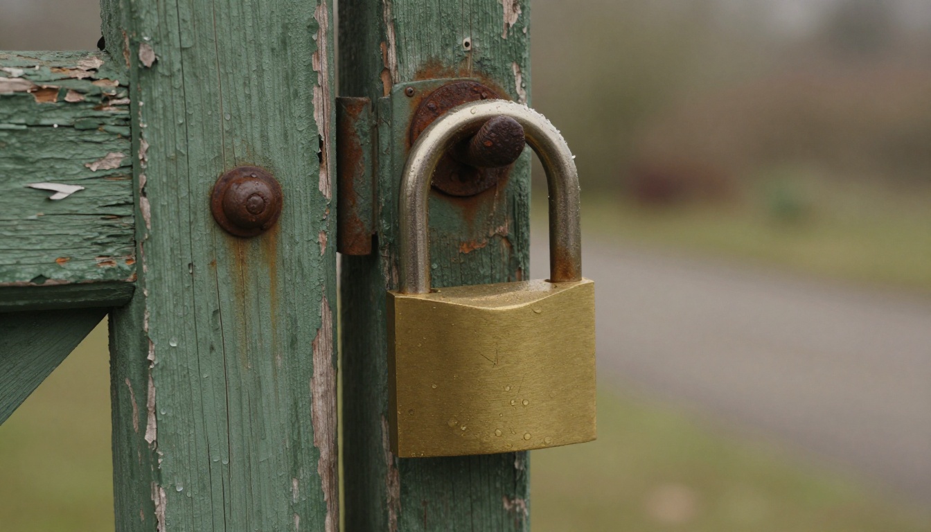 A heavy brass padlock on a weathered wooden gate