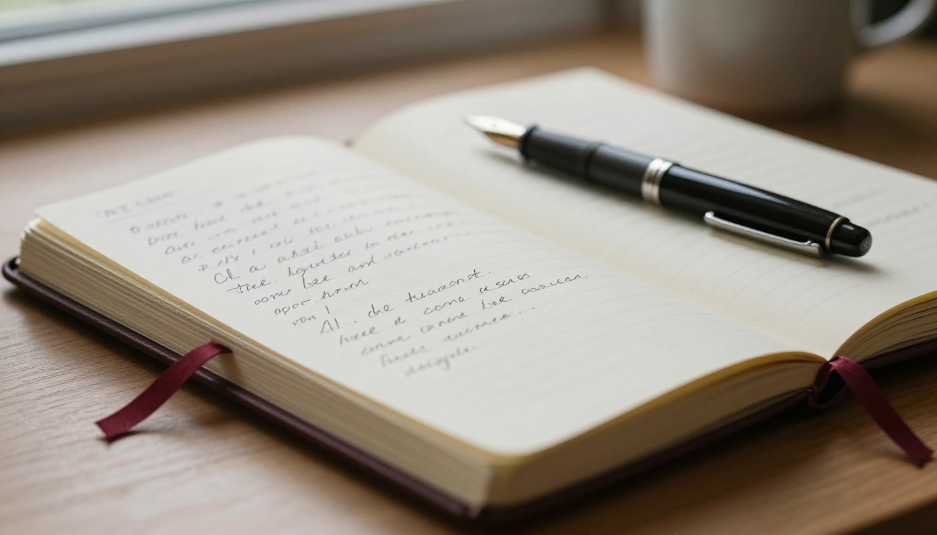 An open notebook with a ribbon bookmark and a fountain pen in the fold