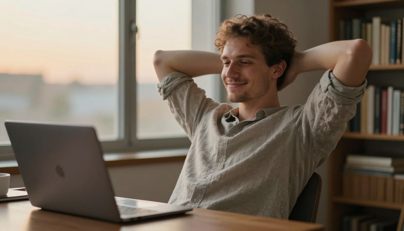 A developer leaning back in a chair with a relaxed smile beside an open laptop