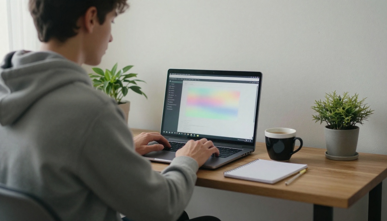 A developer in a grey hoodie working at a standing desk in a quiet home office