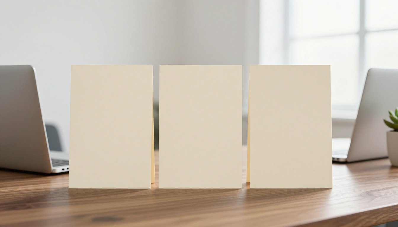 Three blank cream paper cards standing at rising heights on a walnut desk
