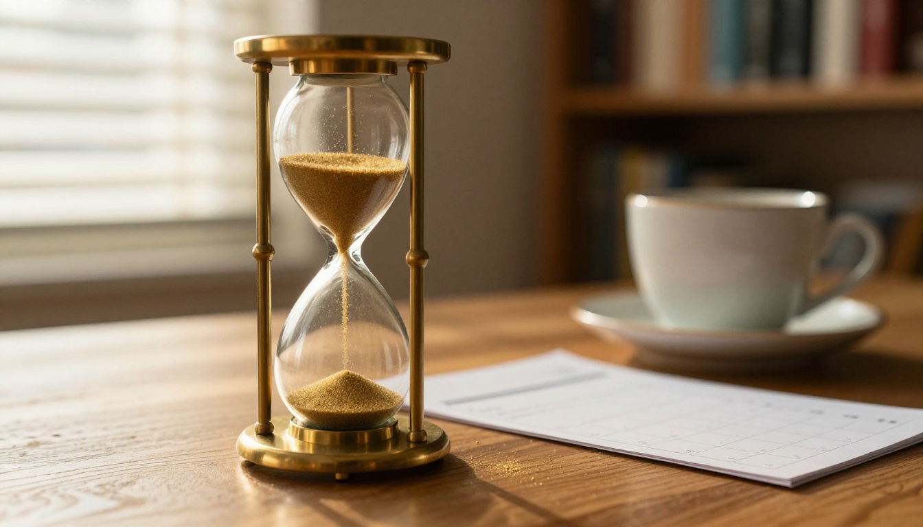 A brass hourglass with the last grains of sand falling beside a blank paper calendar