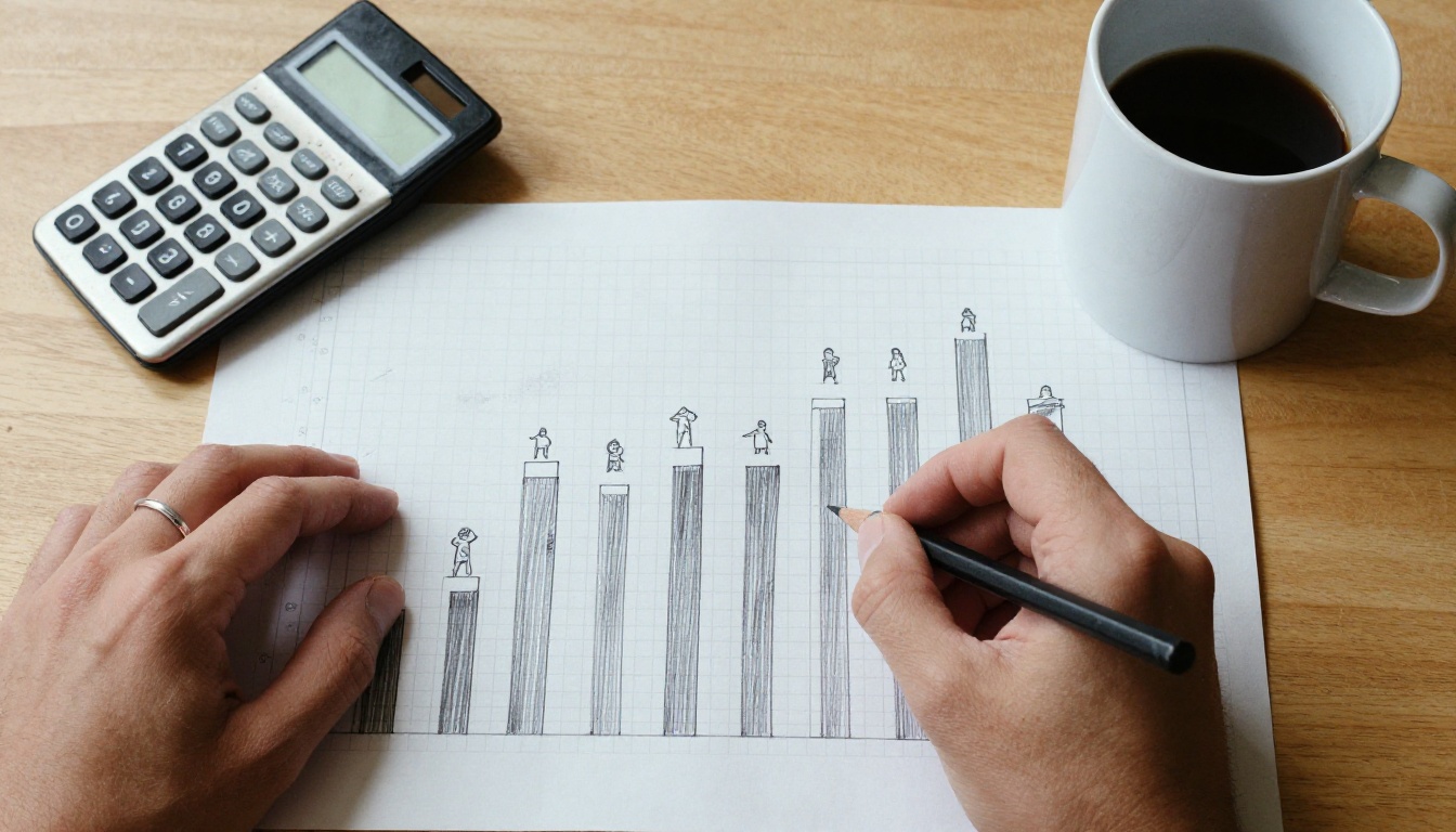 Overhead view of a hand sketching bars on graph paper beside a worn calculator