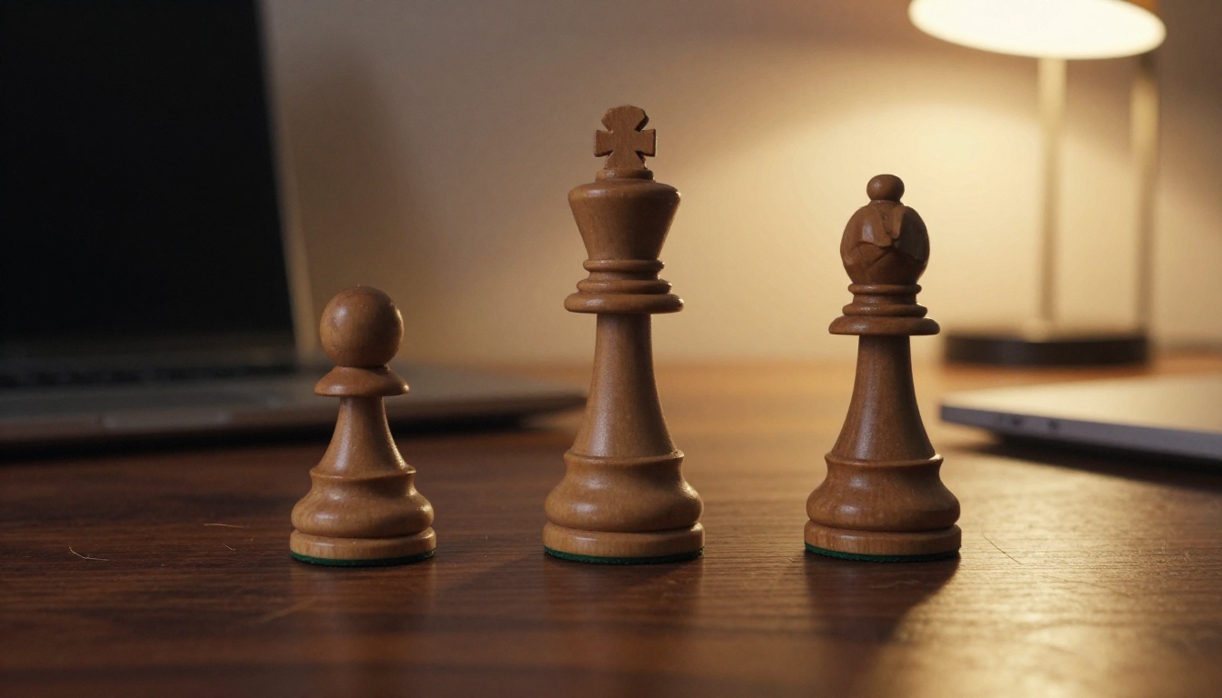 Three wooden chess pieces of rising size on a dark walnut desk beside a laptop