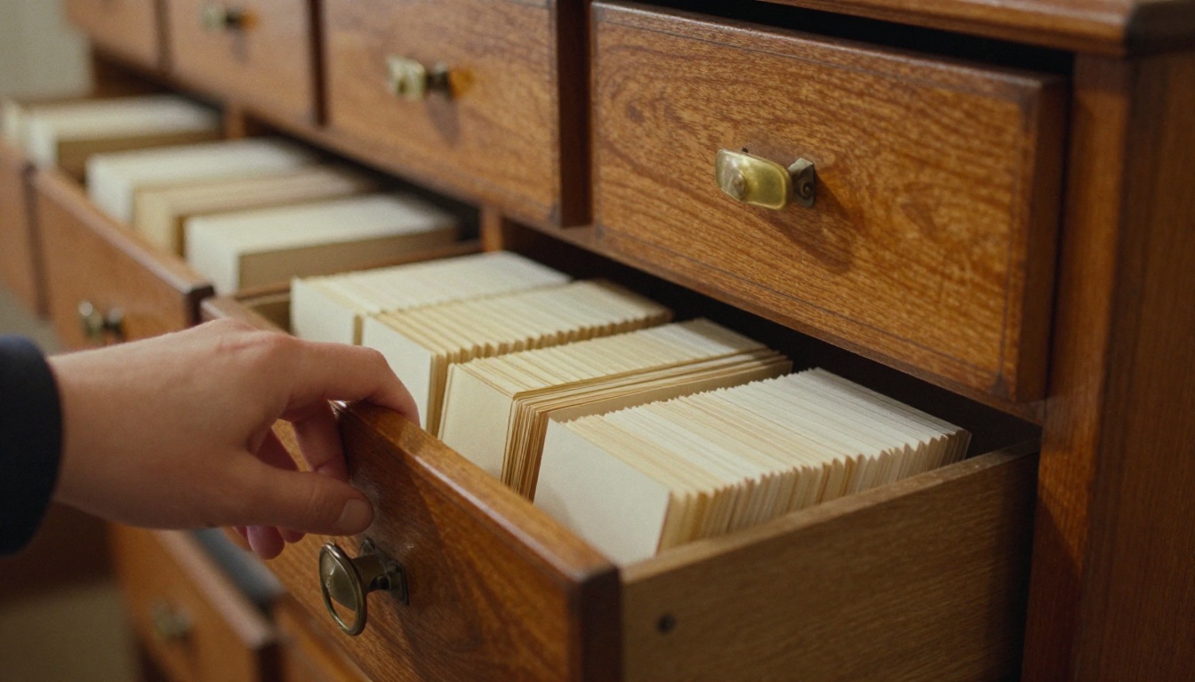 A hand pulling open a wooden drawer of a library card catalog