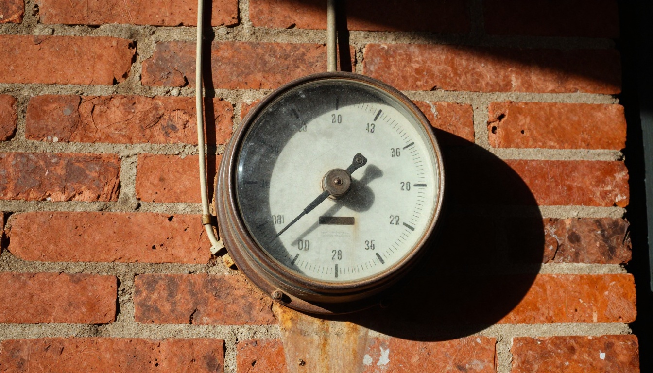 A weathered analog electricity meter on a red brick wall