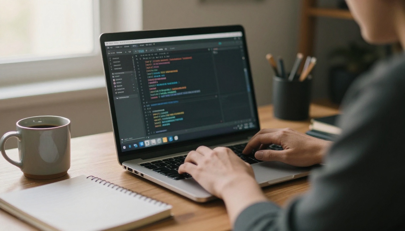 Developer typing code at a desk in morning light