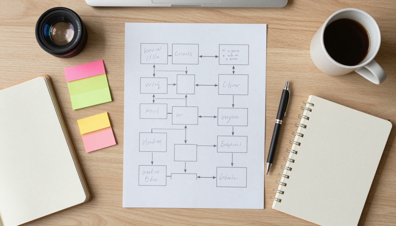 Printed flowchart with sticky notes on a wooden desk
