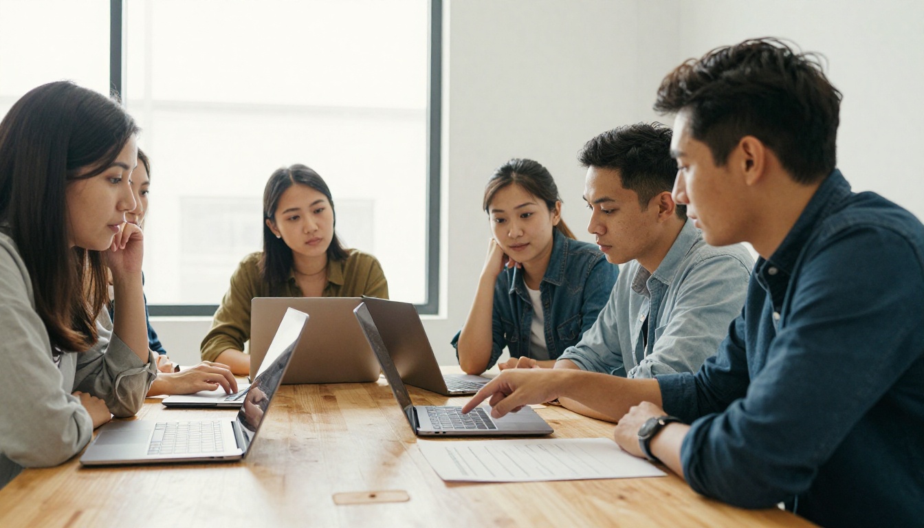 Four colleagues around a wooden table in a bright coworking studio