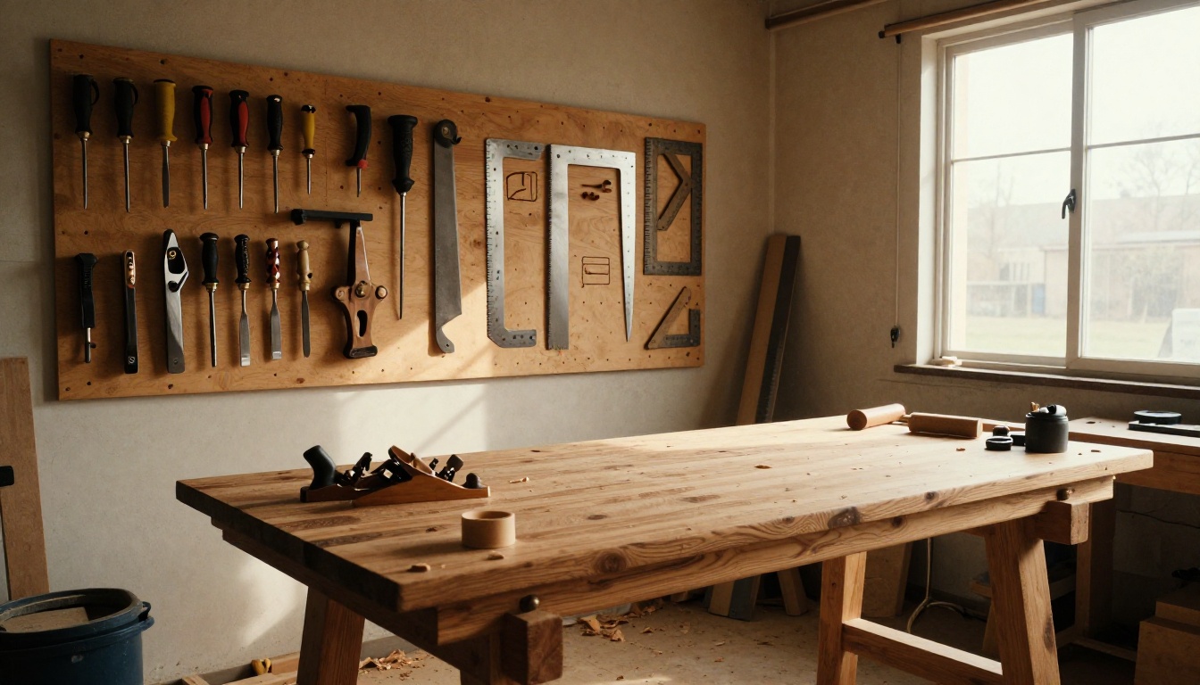 Carpenter's workbench with hand tools on a pegboard