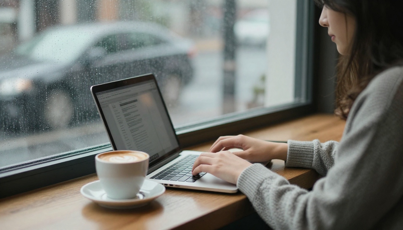 A young woman typing on a laptop at a window seat in a quiet cafe