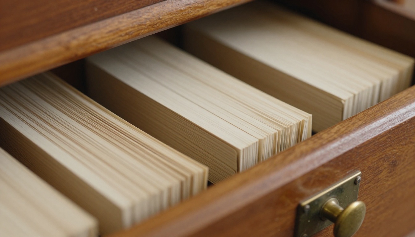 Wooden card catalog drawer with index cards