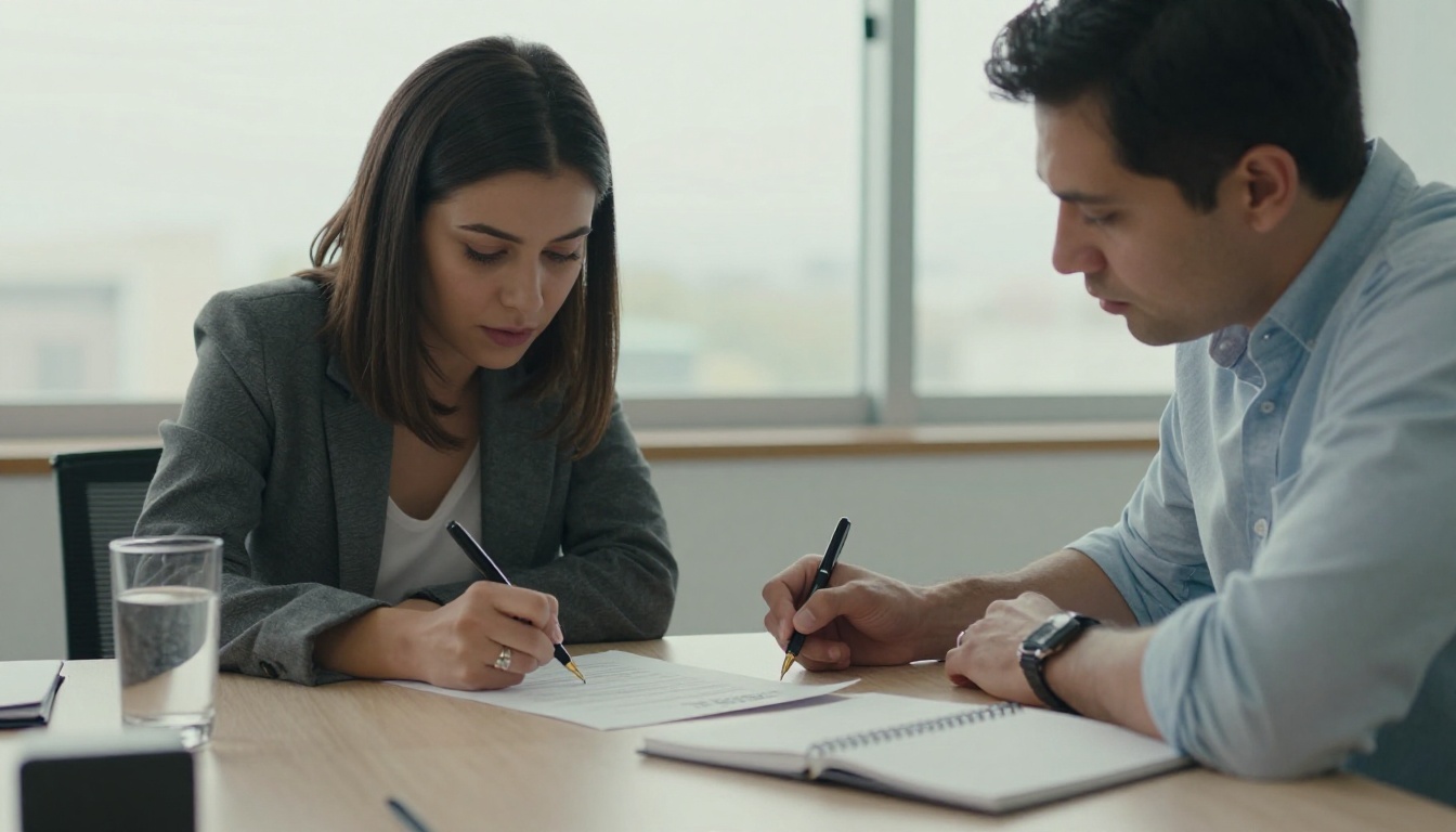 Two colleagues reviewing and signing a printed document