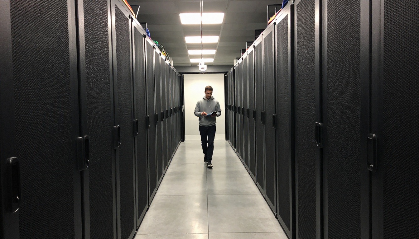 Tidy server room corridor with black racks