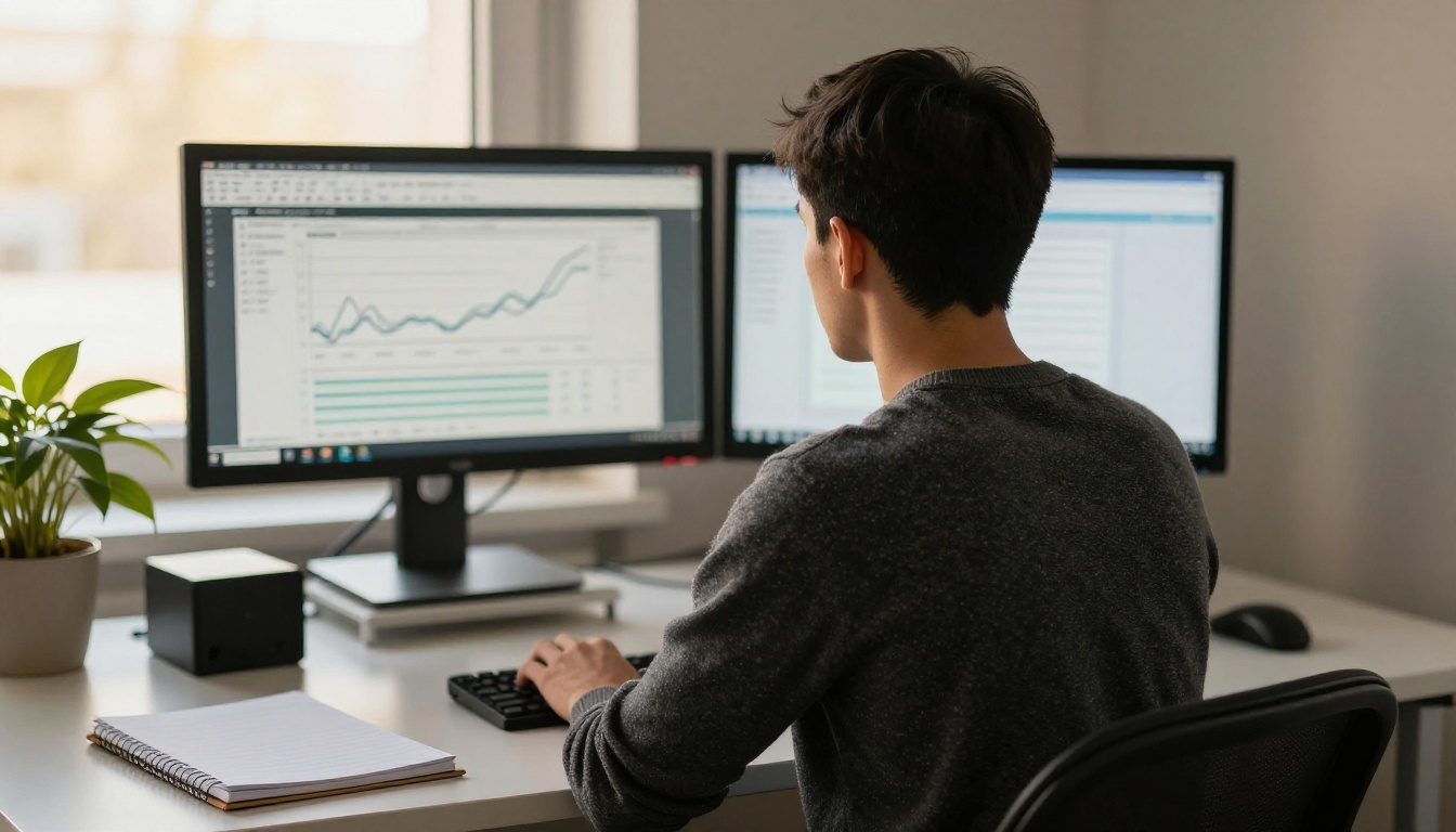 Engineer at a standing desk watching dashboards