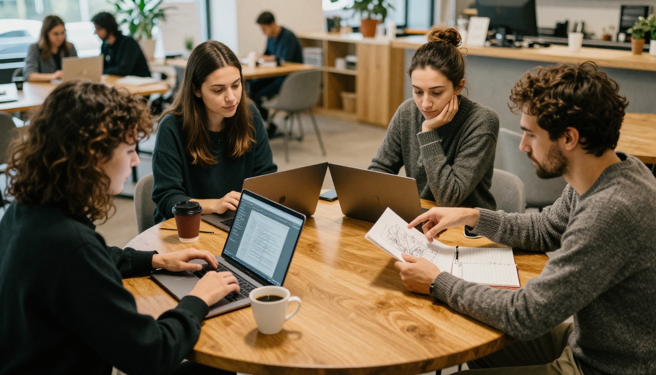 Four colleagues collaborating around a round table