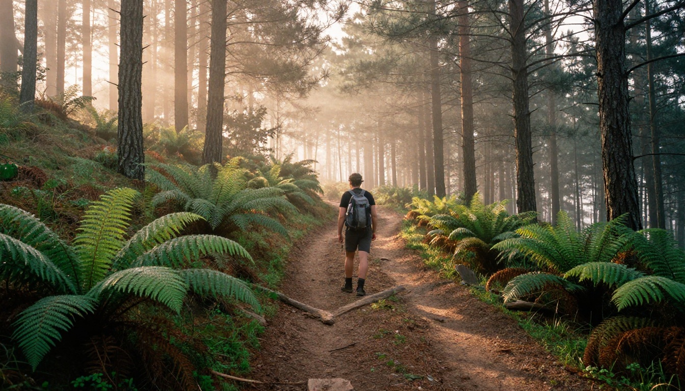 Hiker at a fork in a misty forest trail