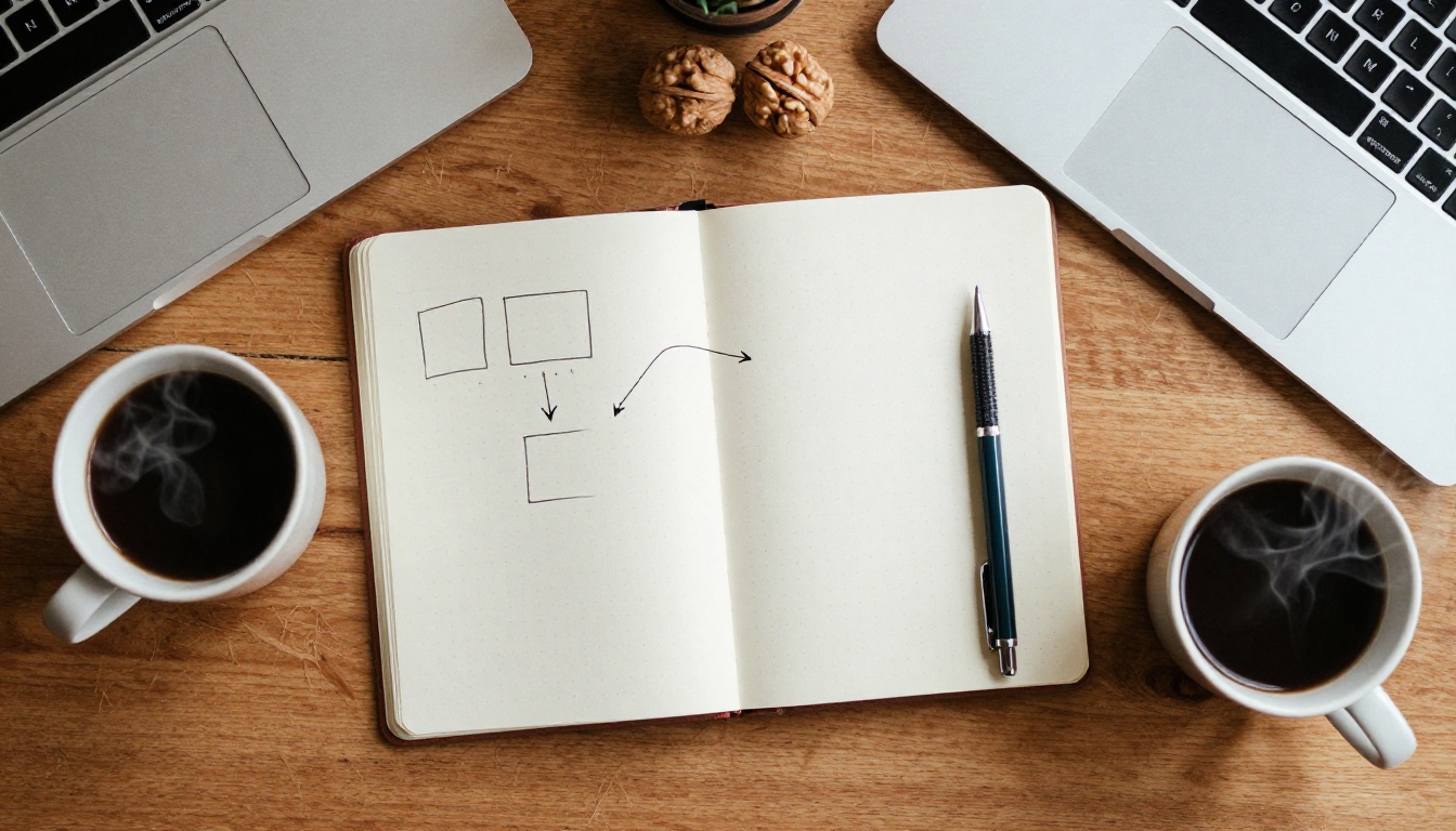 Overhead view of a walnut desk with a notebook of hand-drawn boxes and arrows, a laptop corner, and a coffee cup