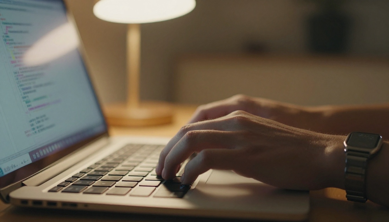Close-up of a developer's hands typing on a slim laptop in warm lamp light