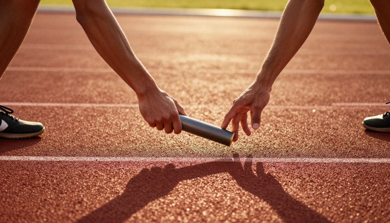 Two sprinters exchanging a relay baton on a red track at golden hour