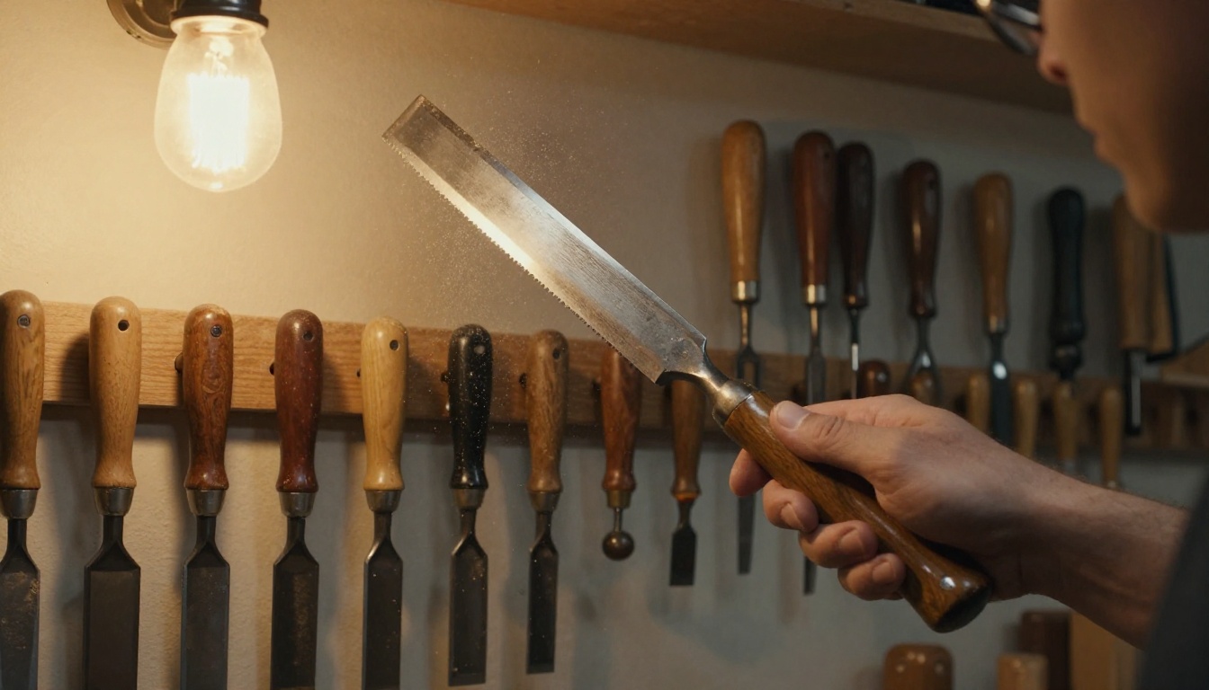 A craftsman's hand lifting a chisel from a pegboard wall of hand tools in a woodworking shop