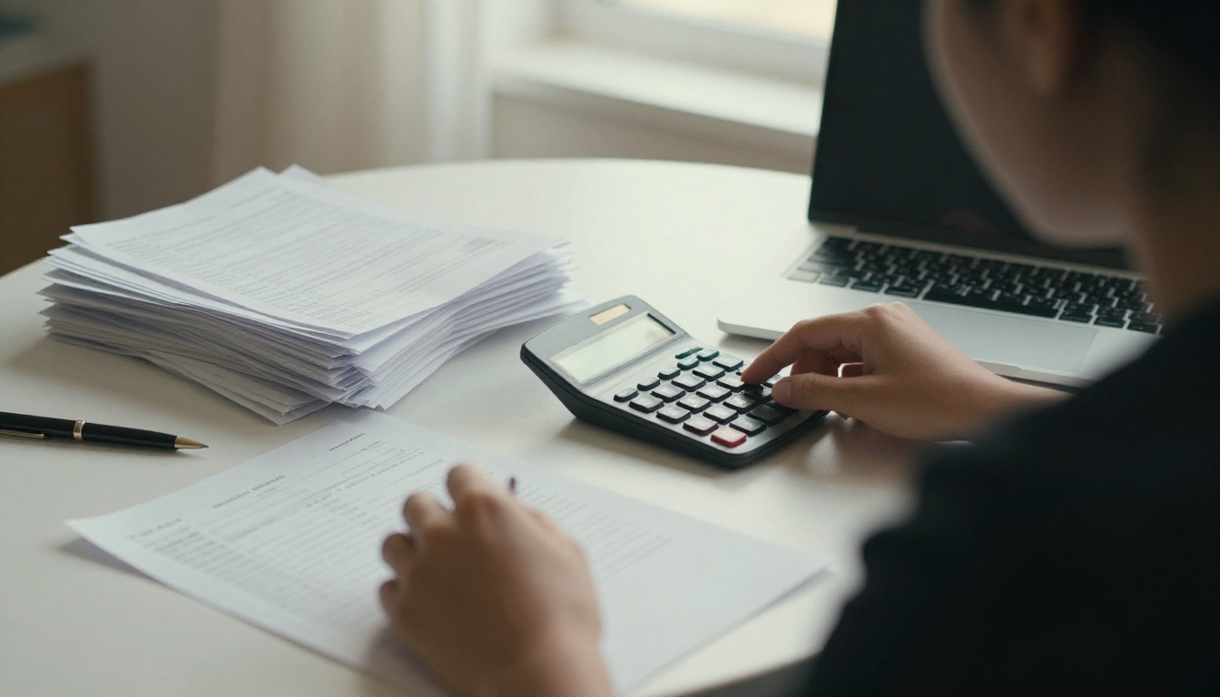 Over-the-shoulder view of a business owner reviewing paper receipts beside a calculator and laptop