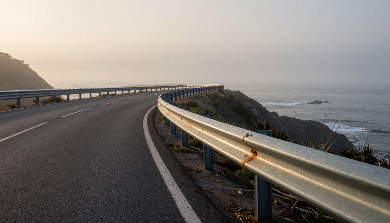 A curved steel guardrail along a misty coastal cliff road at dawn