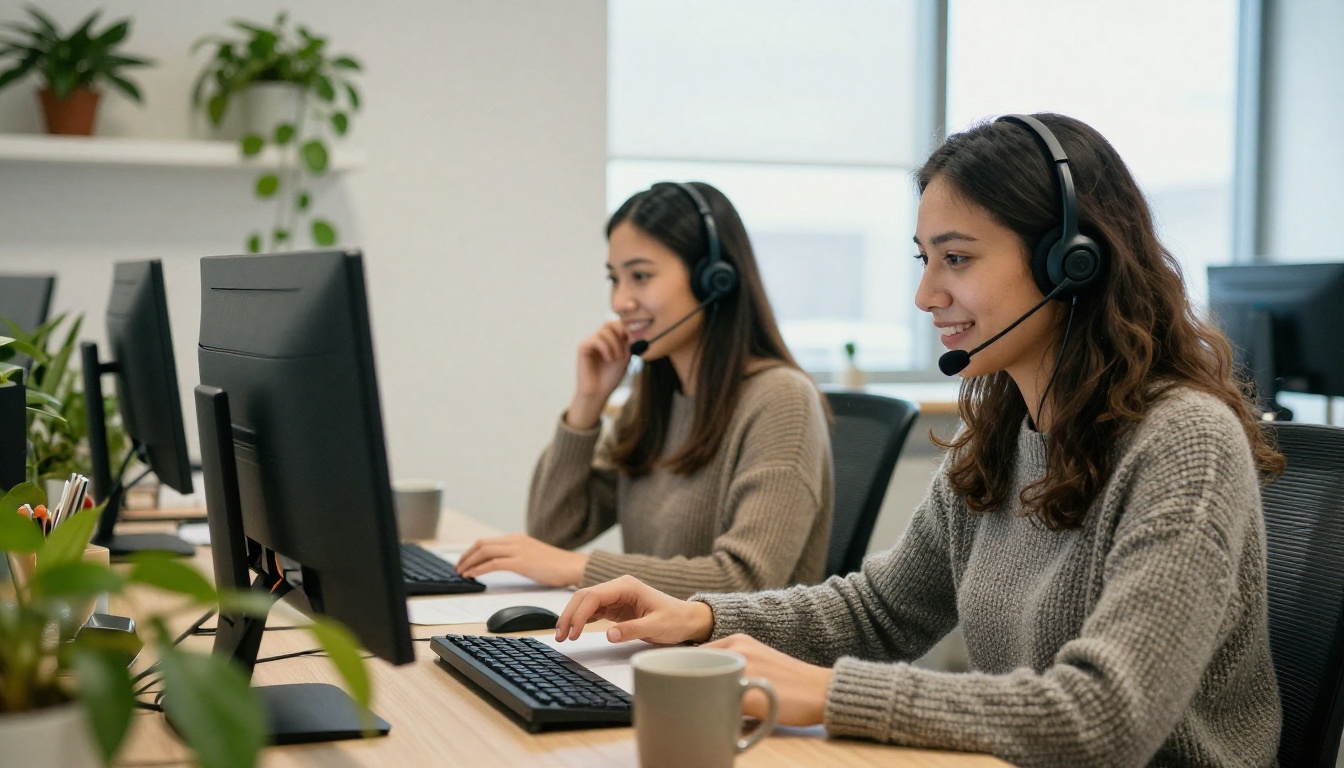 Three customer support colleagues at adjoining desks in a bright open-plan office