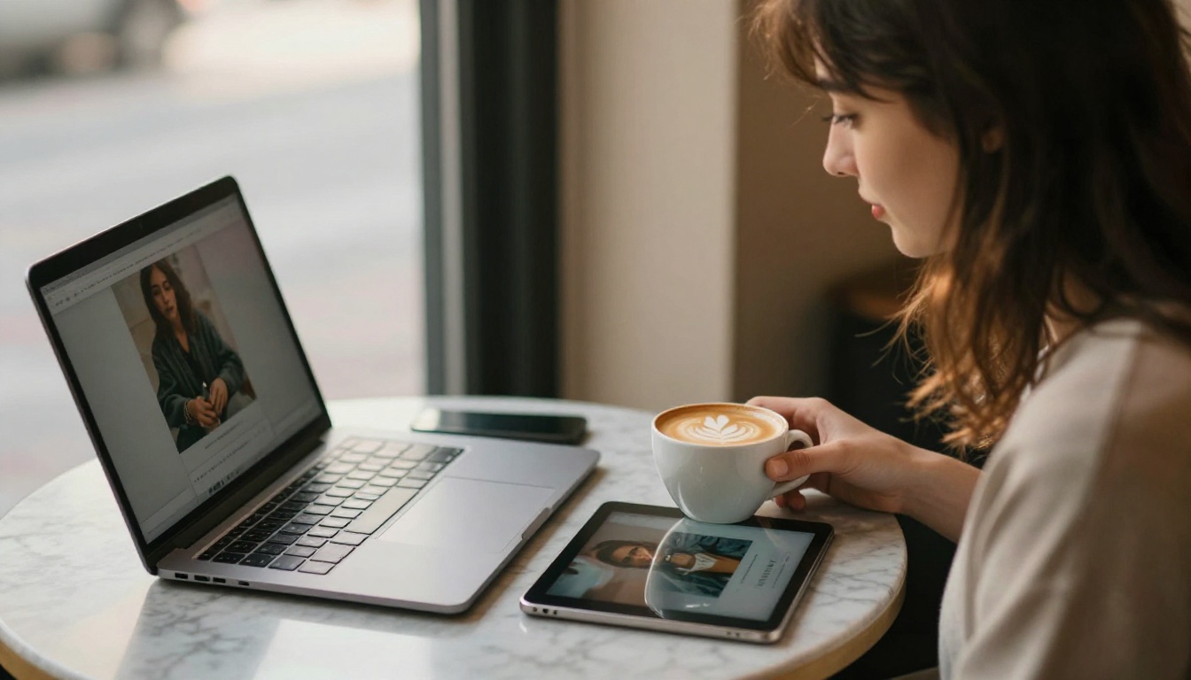 A young woman at a marble cafe table comparing two outputs on a laptop and a tablet