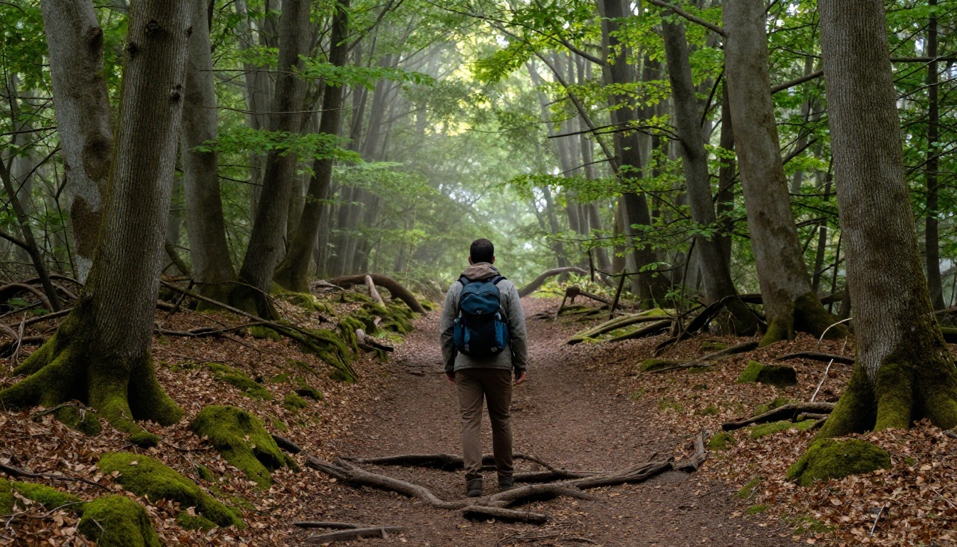 A hiker pausing at a fork in a misty beech forest trail at morning