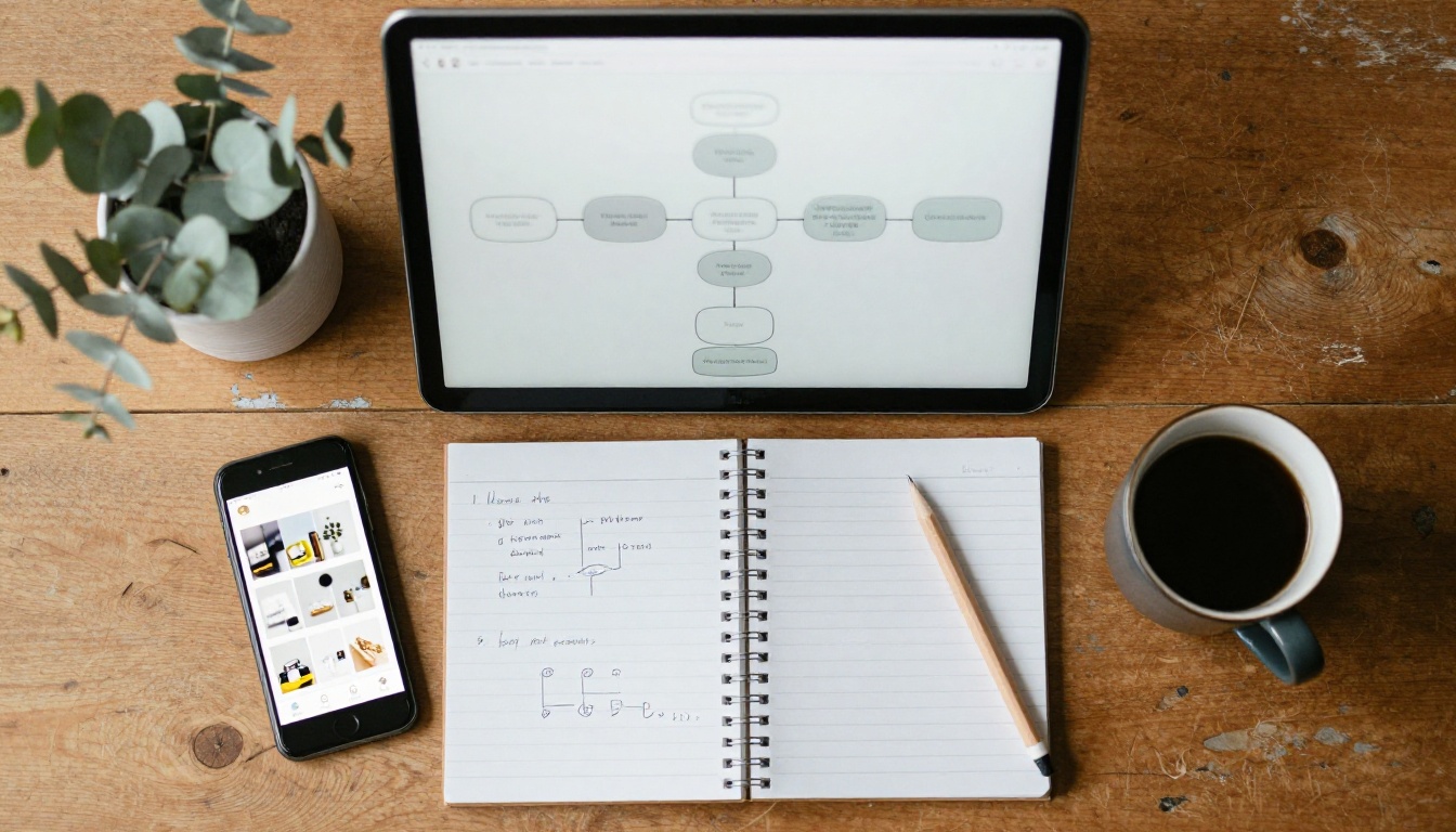 Overhead view of a wooden desk with a laptop showing a workflow diagram, a phone with a grid of product photos and a notebook with flowchart sketches