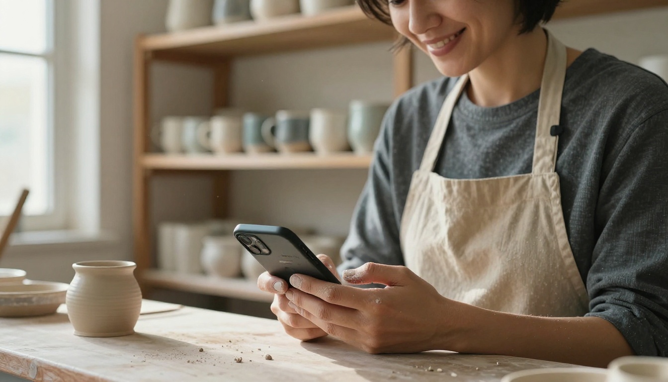 A ceramic studio owner smiling as she reads a customer message on her phone behind a rustic counter