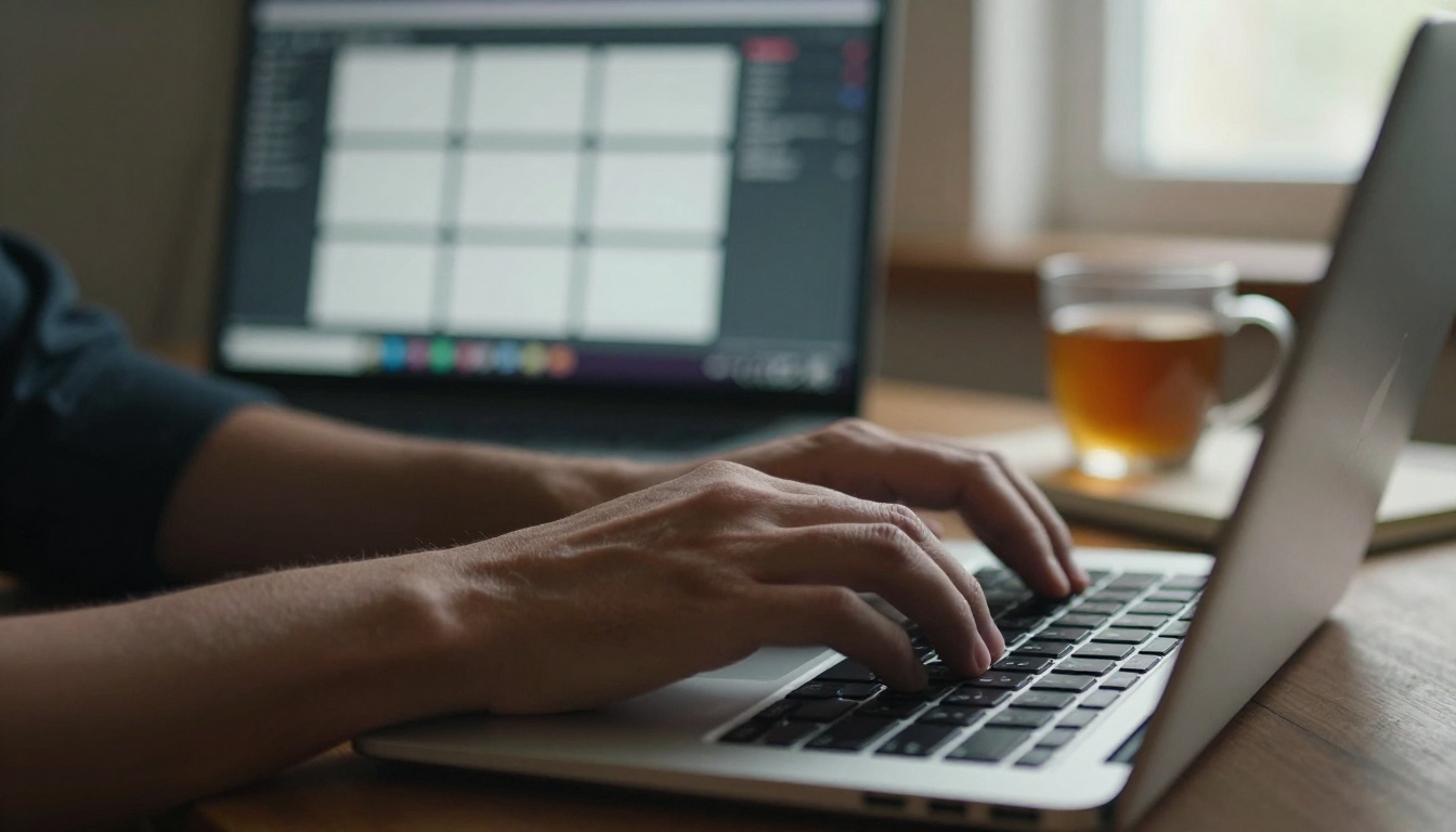 Close-up of a developer's hands typing on a laptop with a blurred workflow of connected boxes on the screen behind