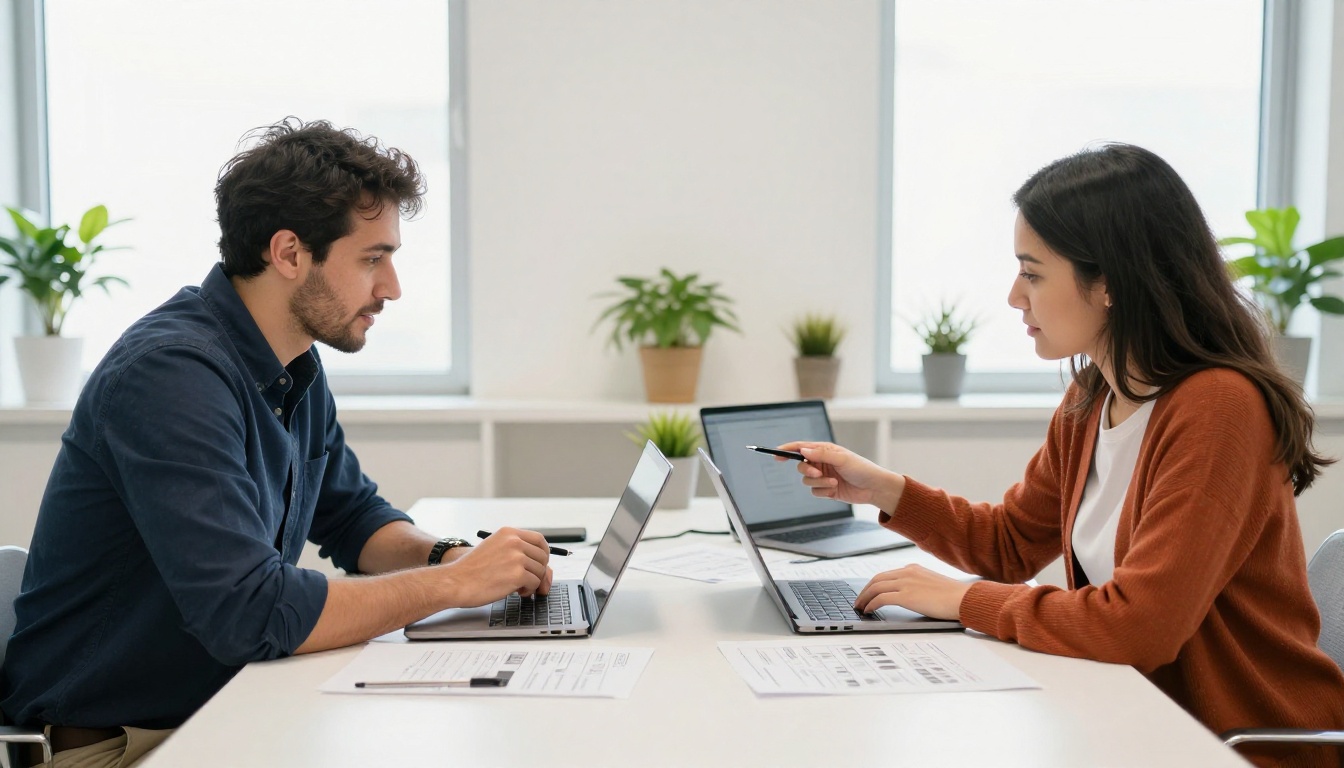 Two marketers comparing printed caption drafts between two open laptops in a bright agency room