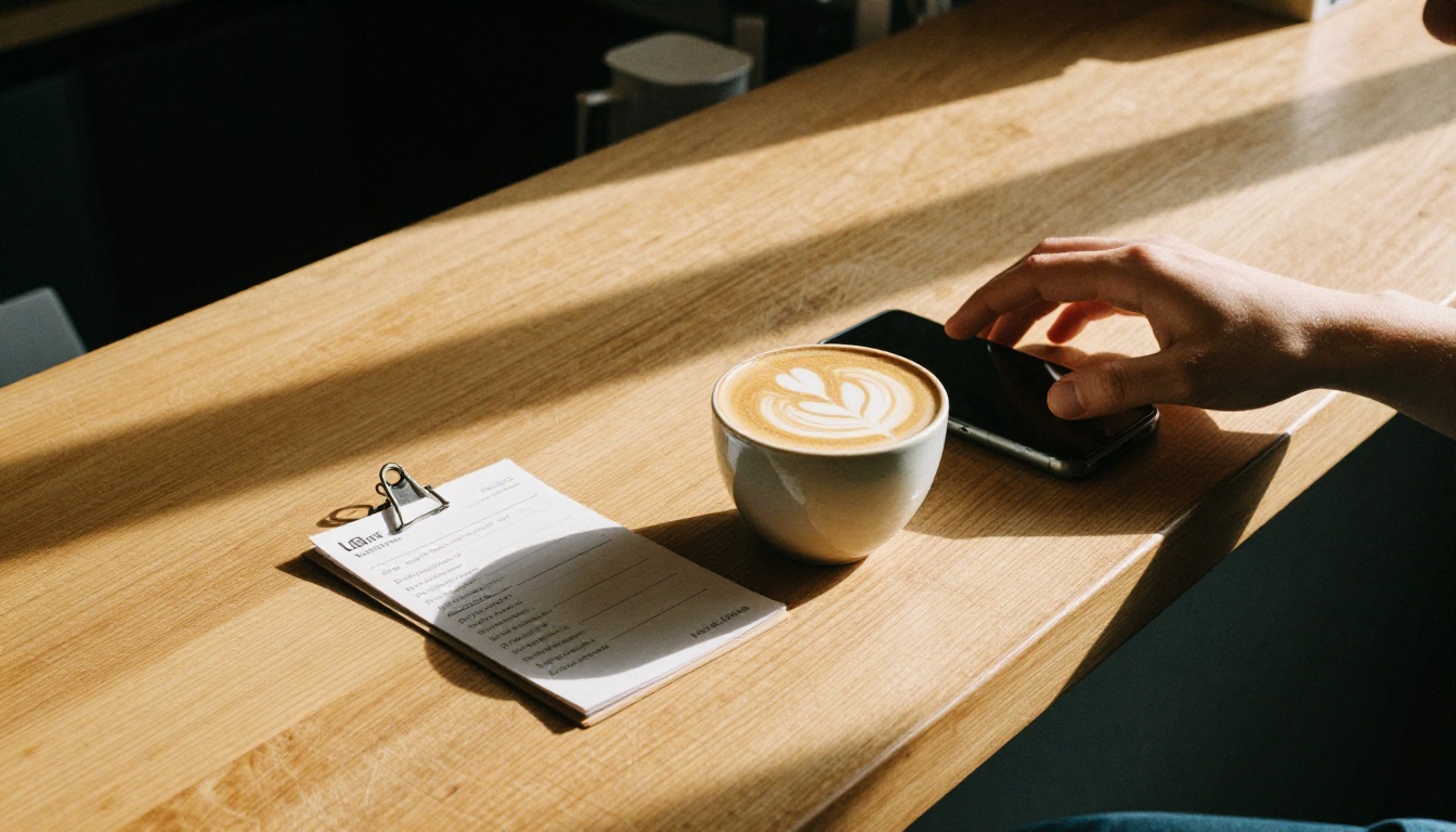 A hand reaching for a phone beside a flat white with latte art on a wooden cafe counter