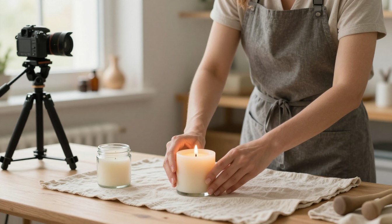 A woman arranging a hand-poured candle on a linen cloth beside a softbox in a small home studio