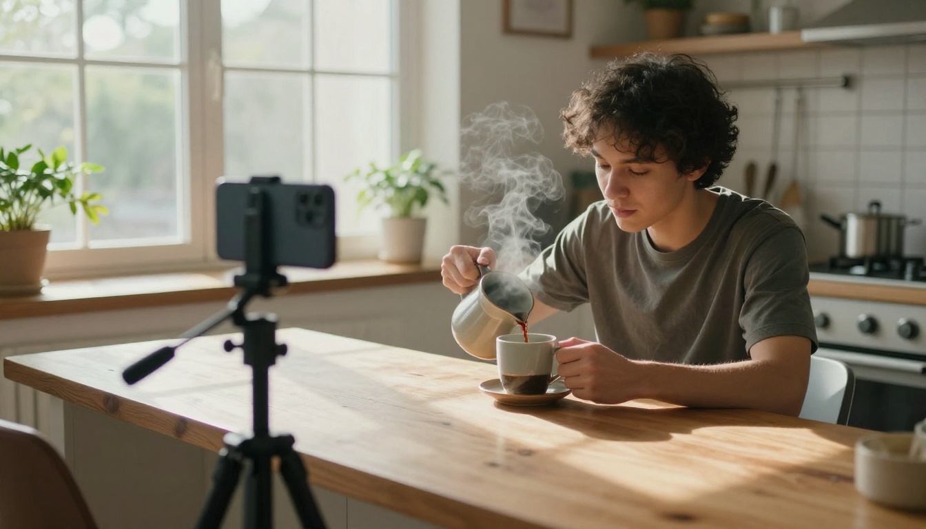 A young creator filming a vertical video with a phone on a tripod in a sunlit kitchen while pouring coffee