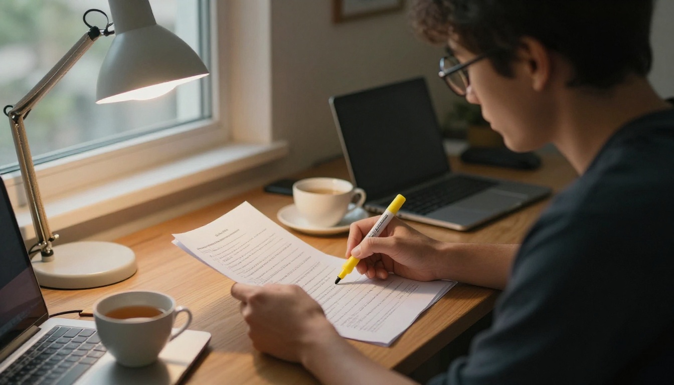 A community manager with round glasses highlighting lines on printed conversation logs at a quiet desk