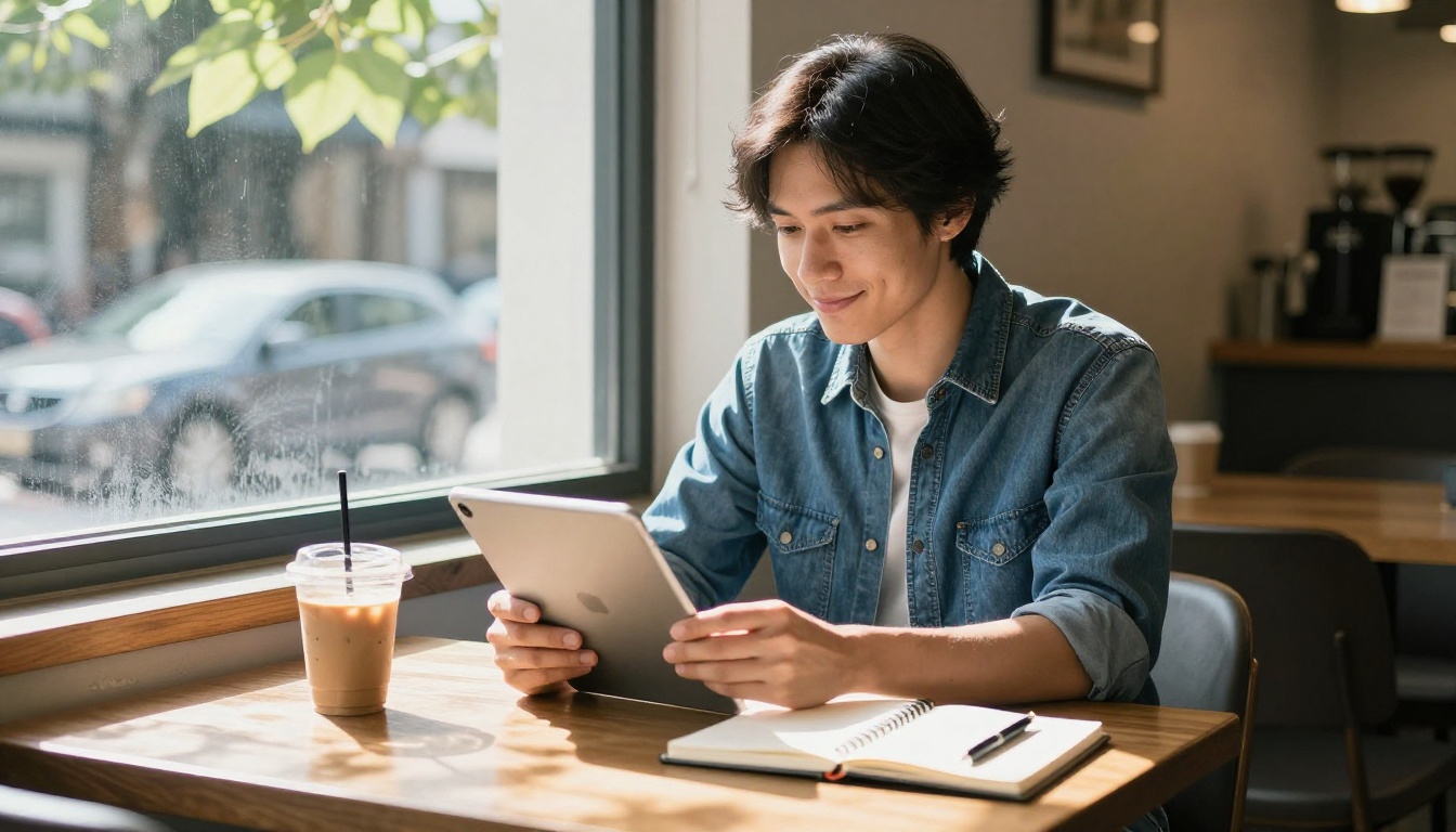 A small shop owner in a denim shirt reading a tablet at a sunny cafe table with a notebook and iced coffee
