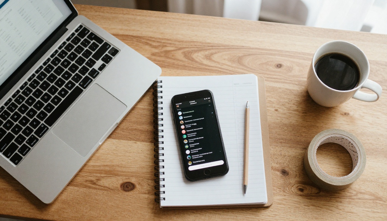 Online shop owner's desk with a laptop, a phone and a handwritten checklist